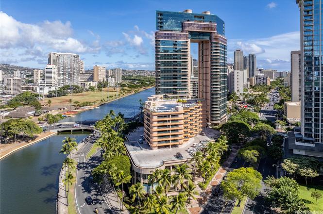 Exterior view of the Waikiki Landmark building, luxury condominiums in Honolulu